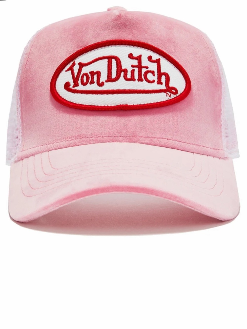 Von Dutch Pink Velvet Trucker Cap with Red Logo Patch